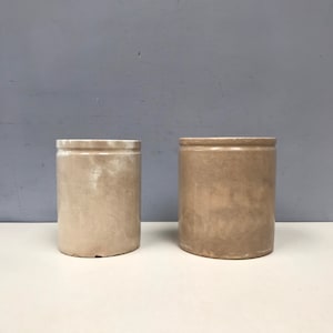 Pair of vintage French Terre de fer Earthenware Pots or Confit Jars in Cool Beige Cream Ironstone Stoneware kitchen utensil Choisy Le Roi