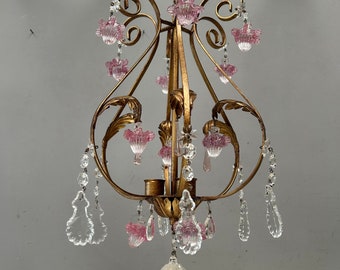 Beautiful Vintage Italian Gold toleware Cage Chandelier Ceiling Light Fitting blown glass pink pendologues crystals DAMAGE