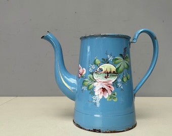 Vintage French Floral Enamel coffee pot Jug Kettle Coffee Pot Delightful Blue and hand painted enamelled flowers roses boat lake scene