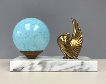 Art Deco French Table Lamp Spelter Metal Birds Dove Pigeon Marble Base Original Opalescent Opaline Blue Speckled Milk Glass Globe Light