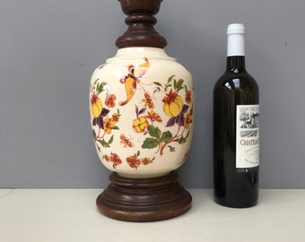 15” Vintage French ceramic wooden table jar Lamp Base solid turned hardwood hand decorated botanical pottery porcelain butterflies flowers