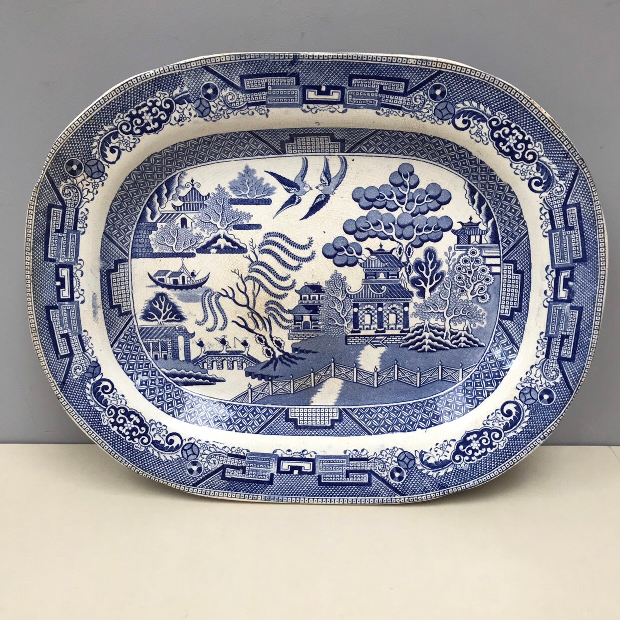 Énorme Extra Grand Antique Blue Willow Pattern Transferware Meat Platter Plate Peut-Être Justifié St