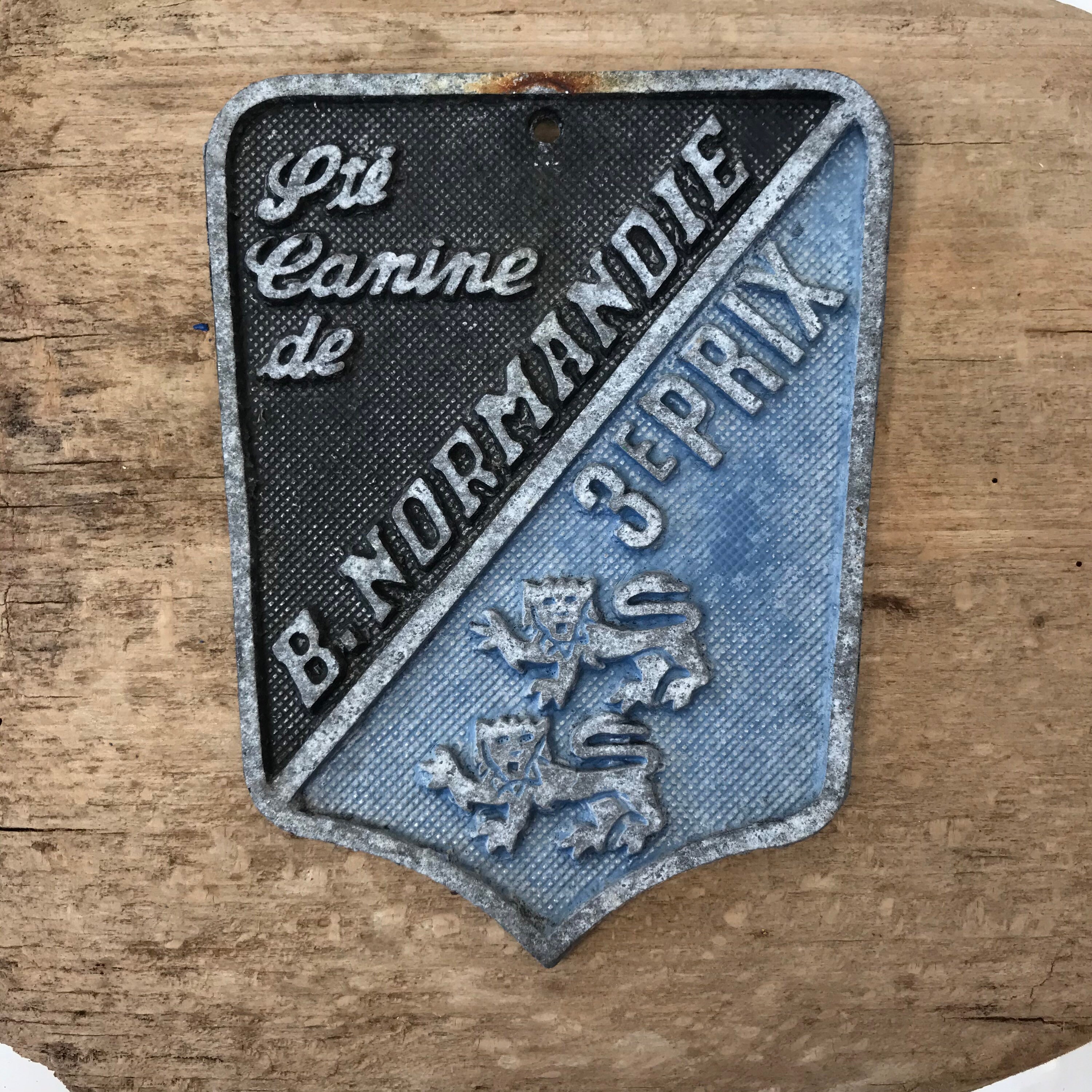 Vintage Français Plaque Metal Award Sté Canine de Basse Normandie 3Ème Place Dog Blue