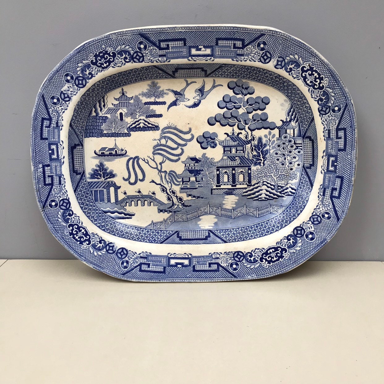 Énorme Extra Grand Très Rare Elkin & Newbon Warranted Staffordshire Antique Blue Willow Pattern Tran