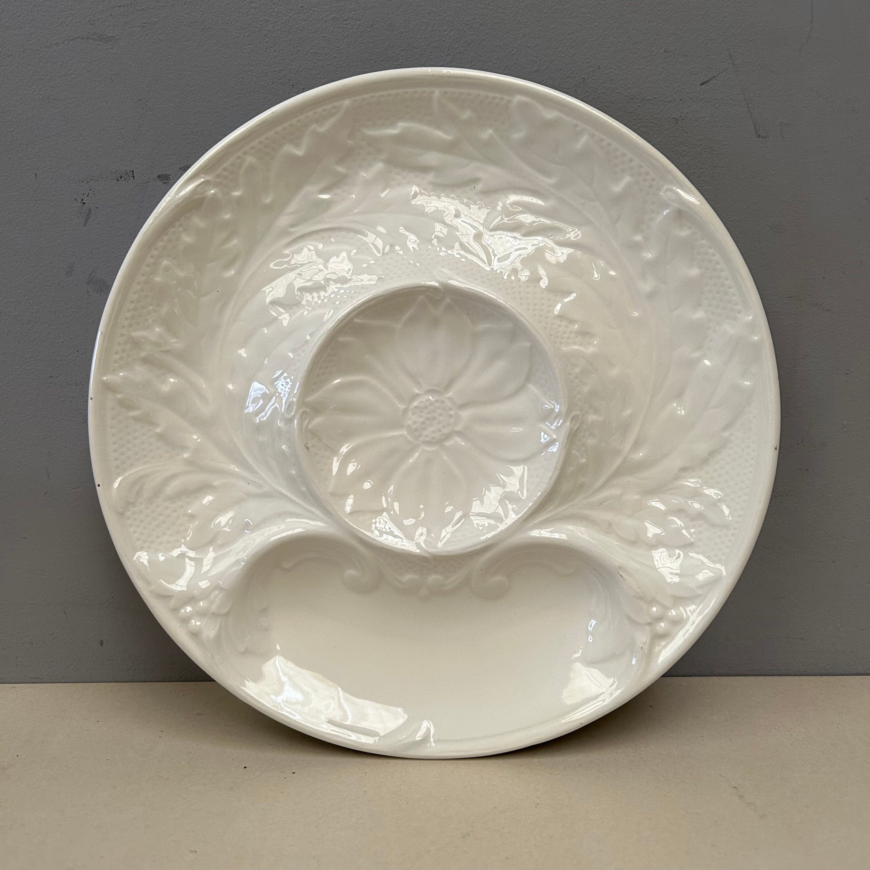 GIEN French Artichoke Plate. Ivory White Glaze ornate design. Elegant and Tasteful Vintage  vegetable Serving plate