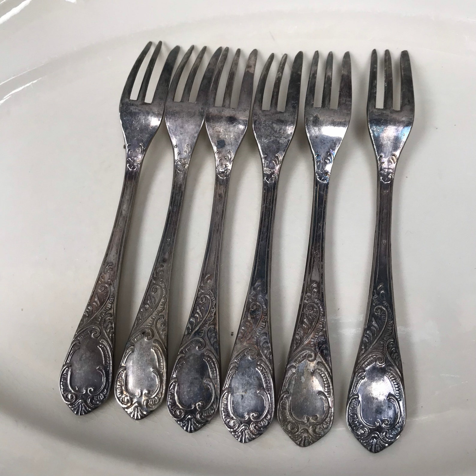 Set of 6 ornate Silver Cake Forks. Vintage or Antique marked Etsy