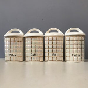 Set di 4 contenitori per la conservazione della cucina in ceramica vintage Ditmar Urbach Cecoslovacchia, barattoli, barattoli. Pasta, caffè, farina di riso, francese