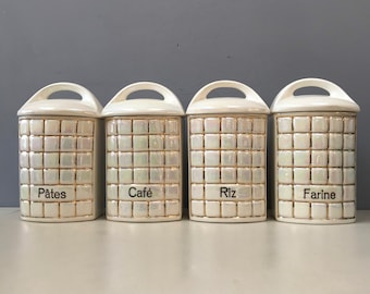 Ensemble de 4 pots, boîtes de rangement de cuisine en céramique vintage Ditmar Urbach Tchécoslovaquie. Pâtes Café Farine De Riz Française