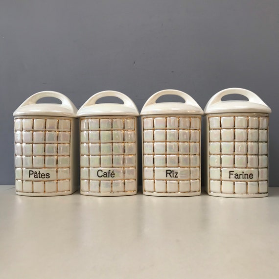 Set di 4 barattoli, barattoli, contenitori da cucina in ceramica vintage  Ditmar Urbach Cecoslovacchia. Pasta Caffè Riso Farina Francese -  Italia