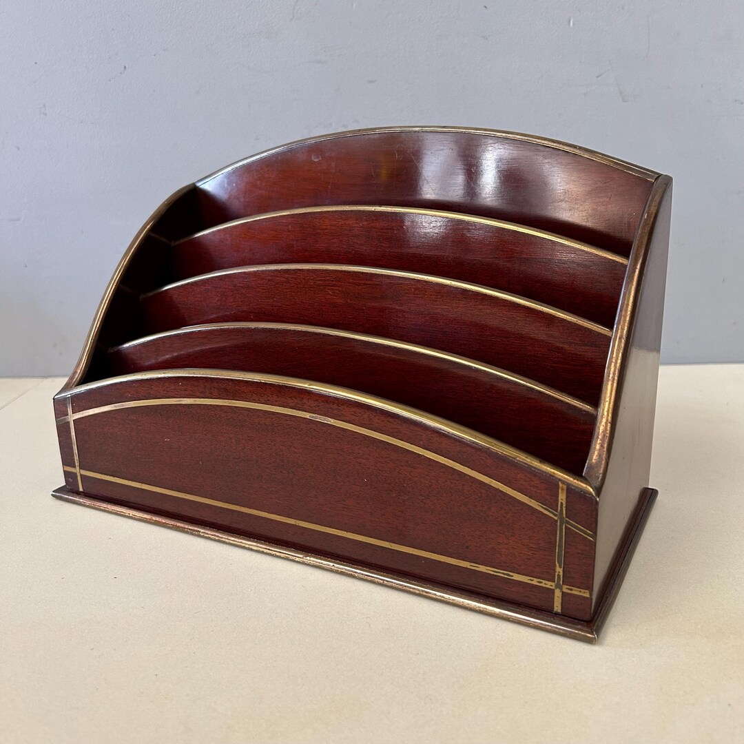 French Letter Rack Large Vintage French Wooden Letter Rack Desk Organiser Brass Inlay ...