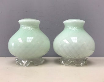 Price for Two! Matching pair! Vintage French Frilly Glass Lampshades - Textured Pattern in Glass - Seafoam Mint Green Aqua & Clear