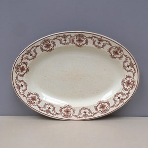 Rare Henry Burgess Antique English Brown Ironstone Oval Serving Platter HB Brown and Cream Glaze Flowers Design
