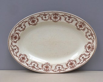 Rare Henry Burgess Antique English Brown Ironstone Oval Platter HB Brown and Cream Glaze Flowers Design