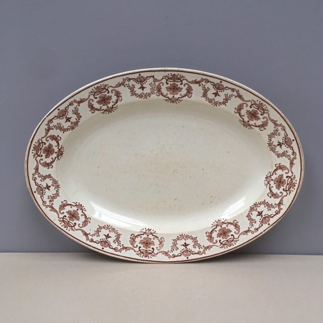 Rare Henry Burgess Antique Anglais Brun Ironstone Ovale Plateau Hb Marron Glacé Crème Fleurs et Desi
