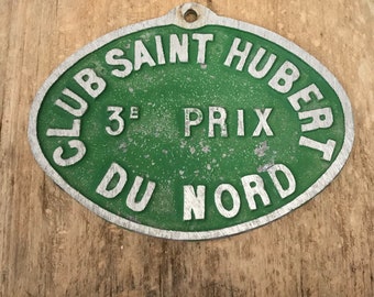 Vintage French Plaque Metal Award Prize Sté Saint-Hubert de Nord 3rd Medal Place Canine Dog Green
