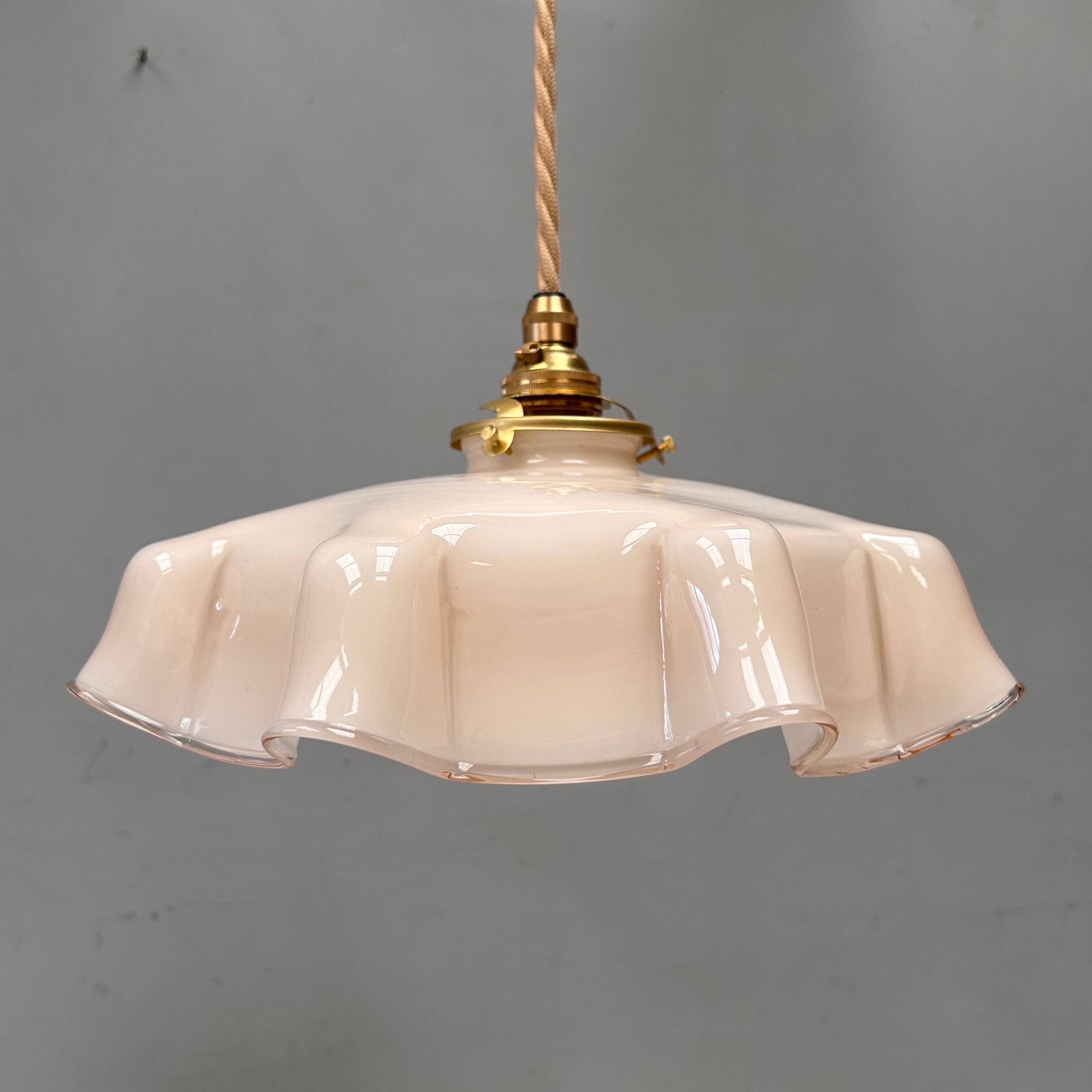 Pretty Vintage French Frilly Glass Lampshade - dusky pale pink & White Glass with frilly Edge pastel muted pink shade