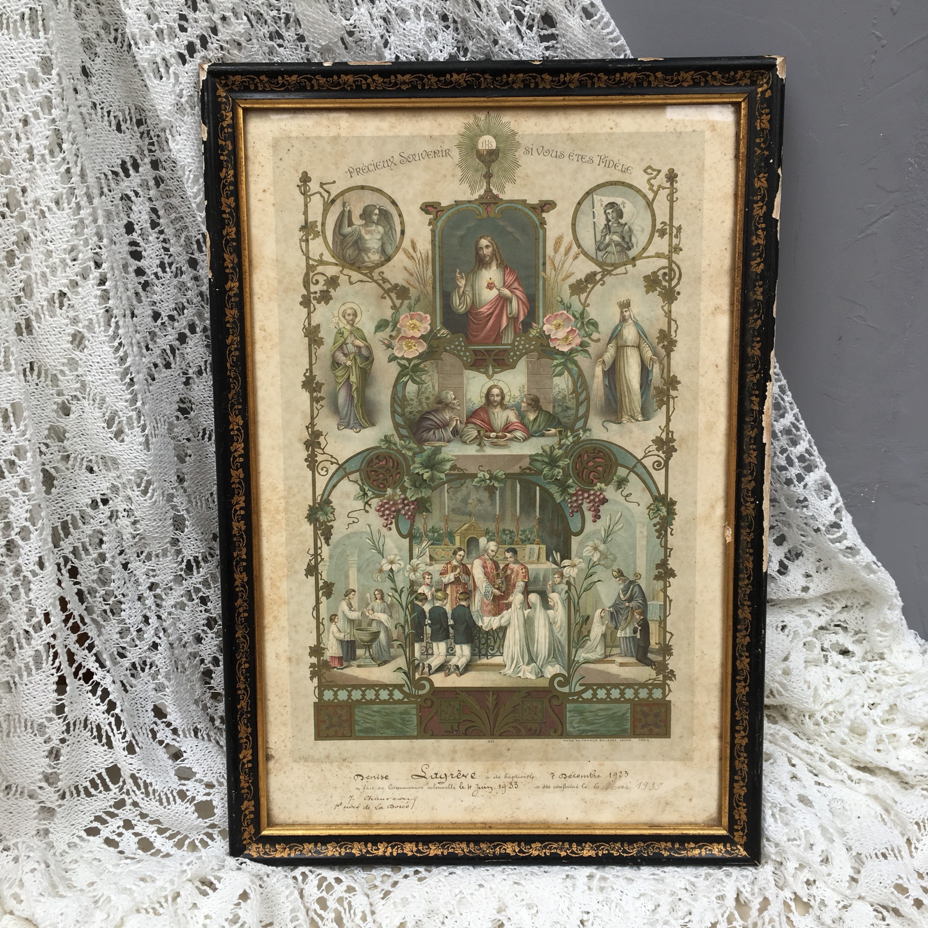 Image of 1923 French Antique Baptism Certificate Memento Framed Baptismal Confirmation Record - Incredibly Detailed Religious Artifact Beautiful