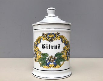 Vintage French porcelain Apothecary Jar Citrus Flowers, yellow and blue on white glaze ceramic