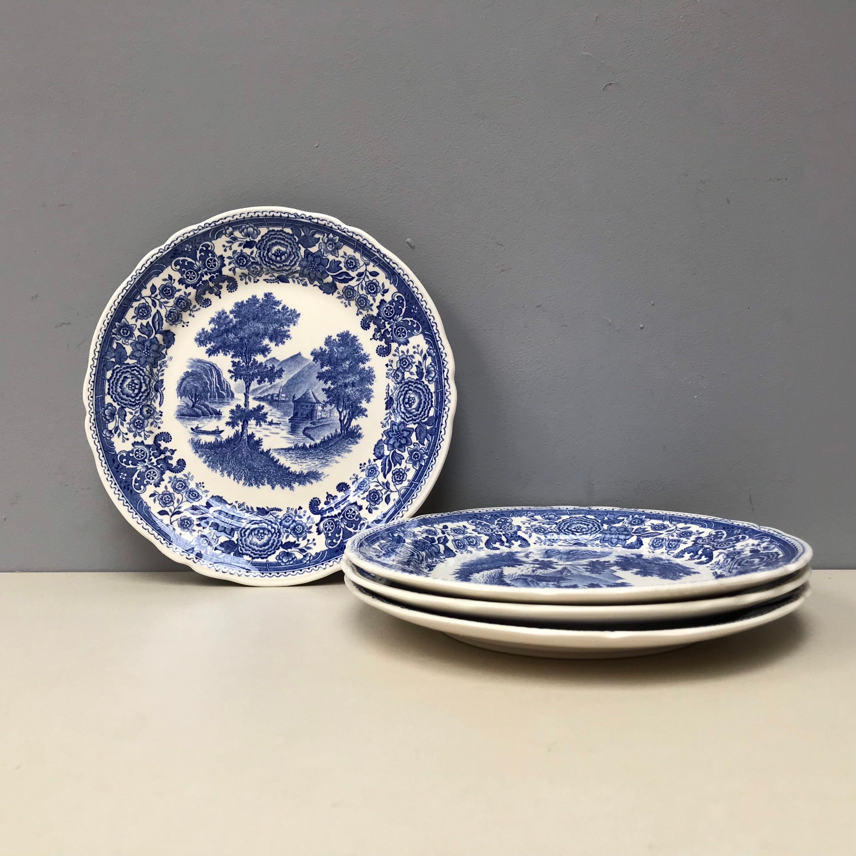 Excellent État 4 Burgenland Cake Desert Assiettes Vintage Villeroy &boch Bleu Blanc Porcelaine Allem