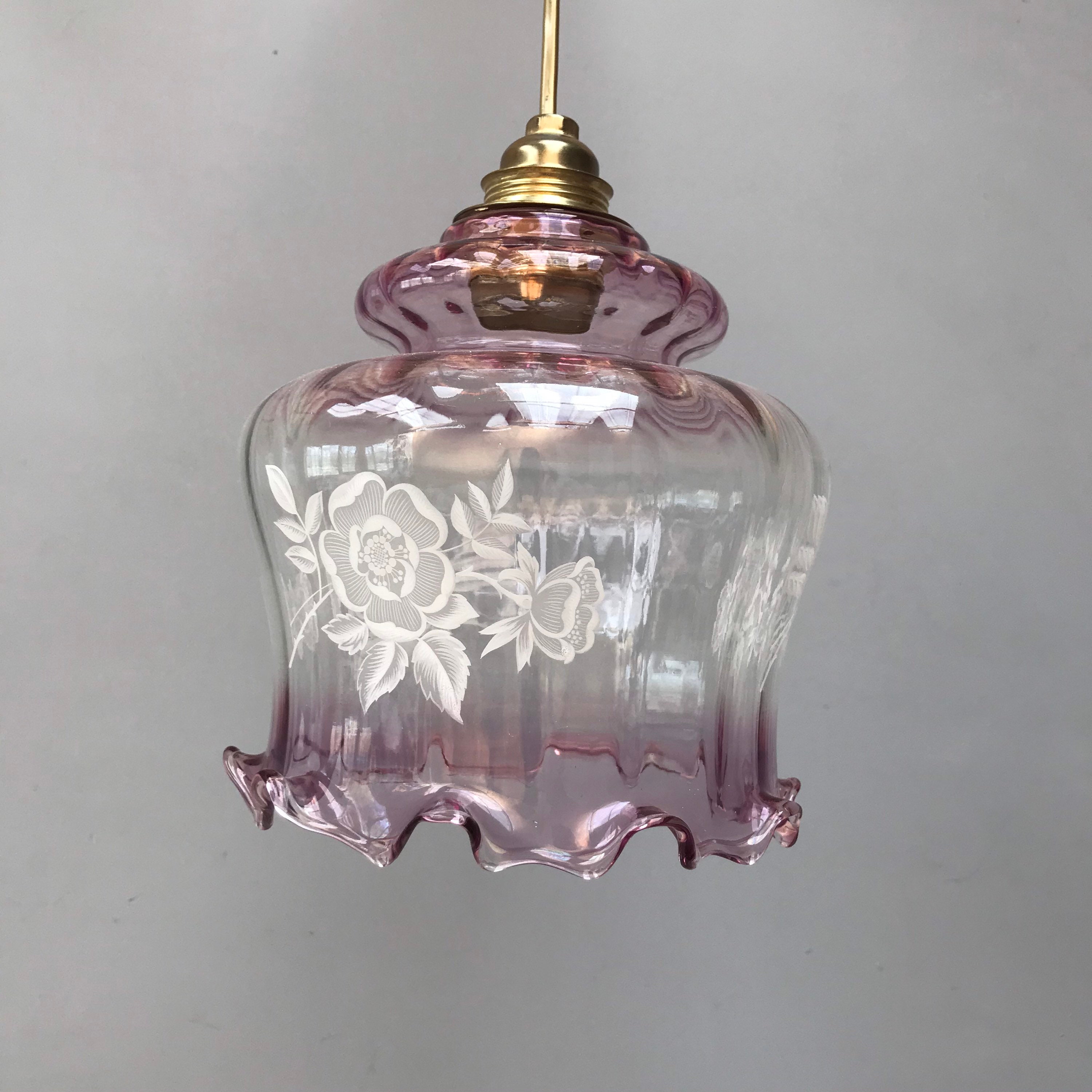 Joli Arbre Français Abat-Jour en Verre Frilly - Teinté Mauve Rose Lilas Sombre et Clair avec Le Bord