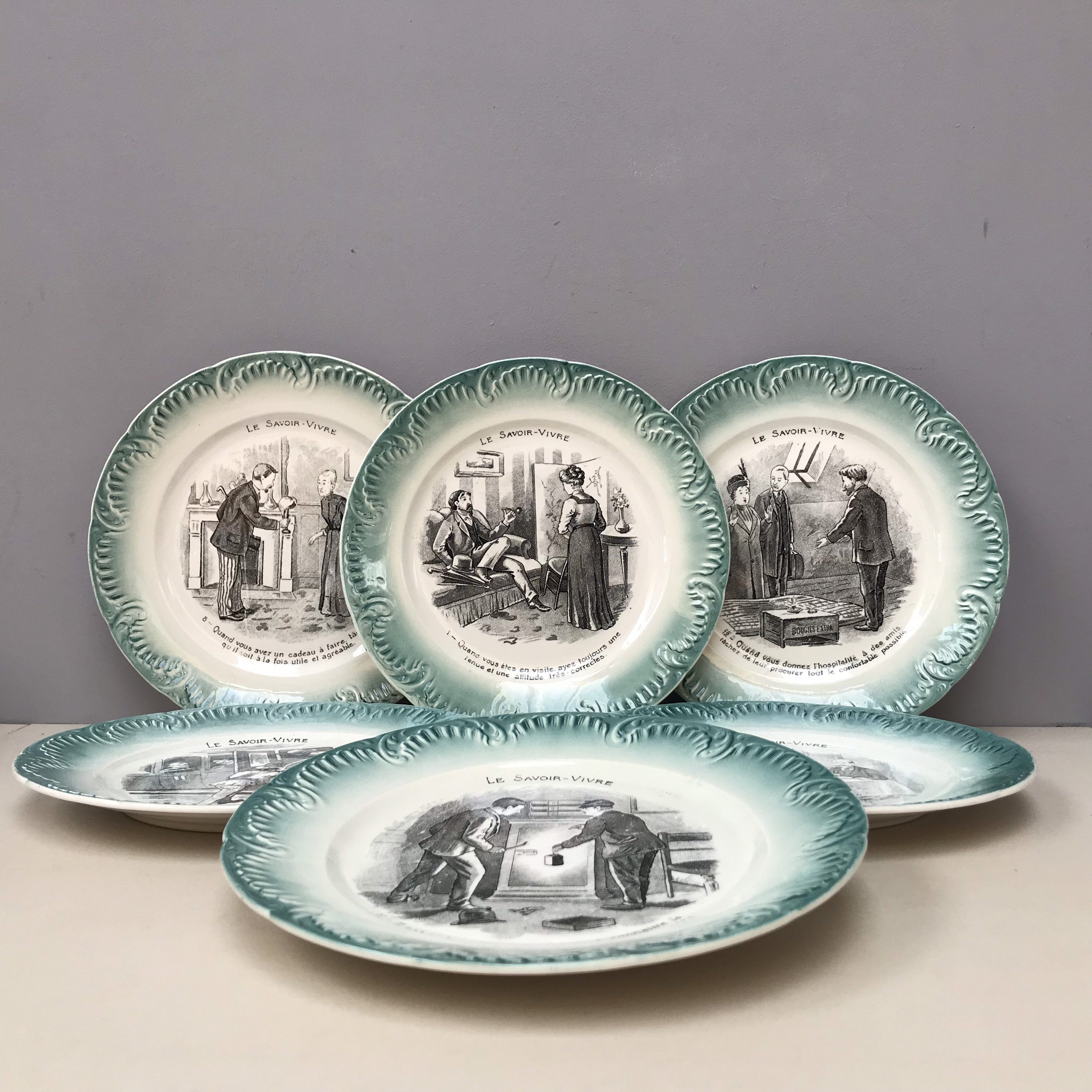 Set de 6 Antique Français Digoin Sarreguemines Assiettes Désert Drôles Designs Transfertware Ironsto