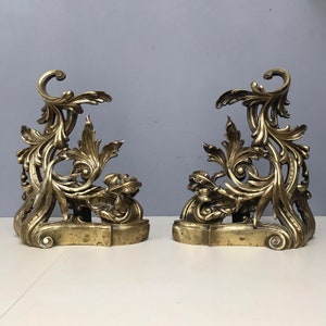 French Antique Louis XV style door stops fireplace ornaments Iris flowers botanical Gold Bronze ornate ormolu  rococo chenets andirons fire
