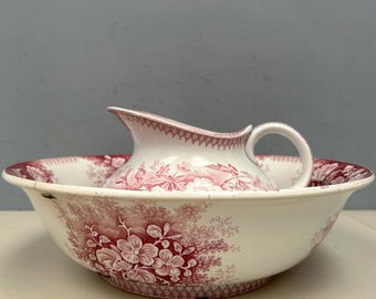 Rare Antique Jug and Basin by Sarreguemines Louis XV, Transferware