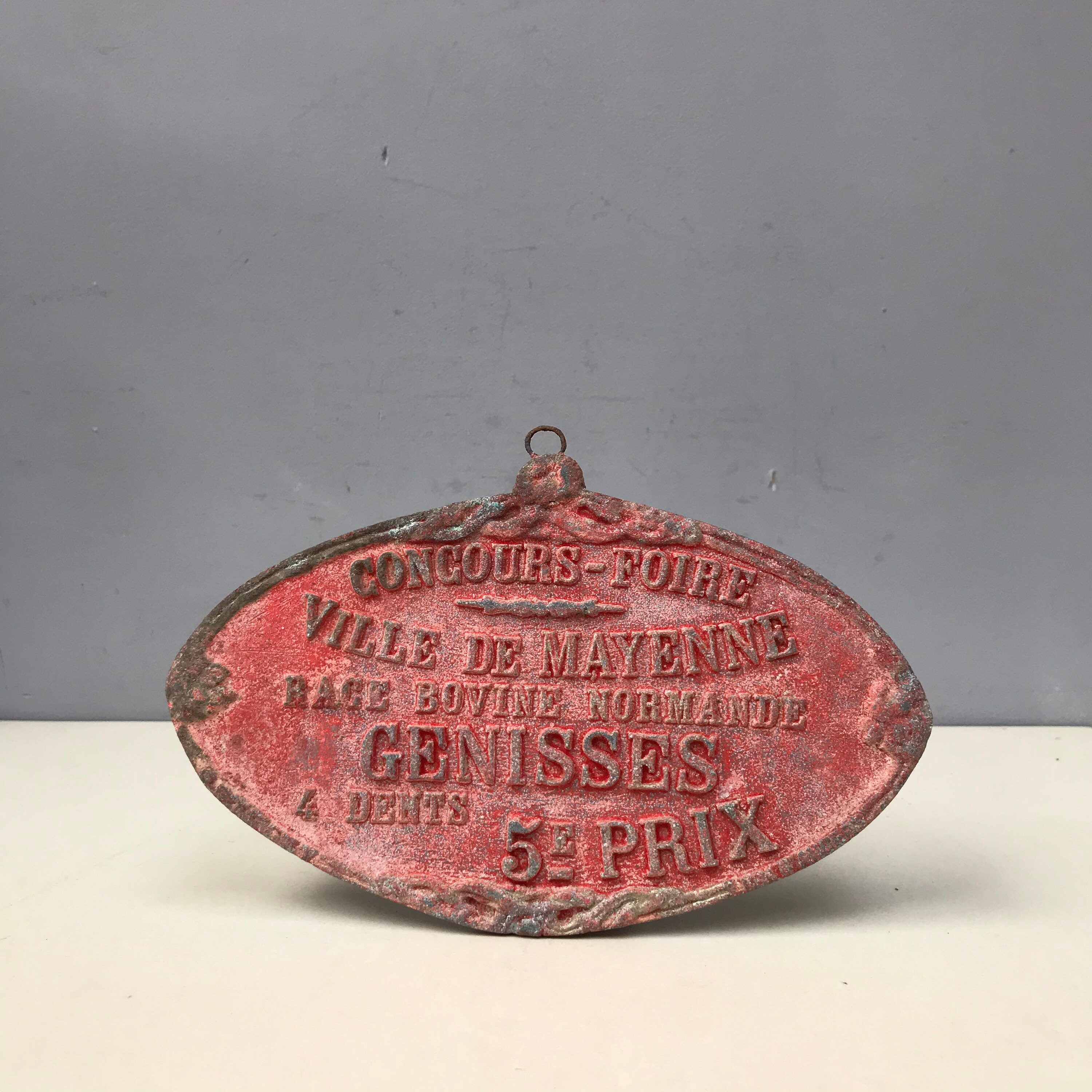 Vintage Français Agricultural Plaque Farming Metal Award Cattle Bullocks Bulls Shabby Red & Grey Met