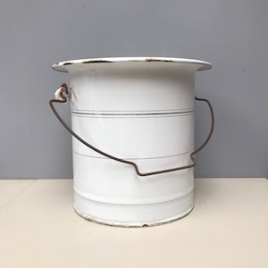 2kg! Weißer Vintage französischer Emaille Eimer Eimer. Wunderschöne Goldbänder. Schwere Qualität mit Henkel. Shabby Chic Landhausküche