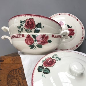 Price for TWO! SARREGUEMINES DIGOIN Bagatelle and Bayerne Tureen Soupiere, Lidded bowl Vintage French red white ceramic