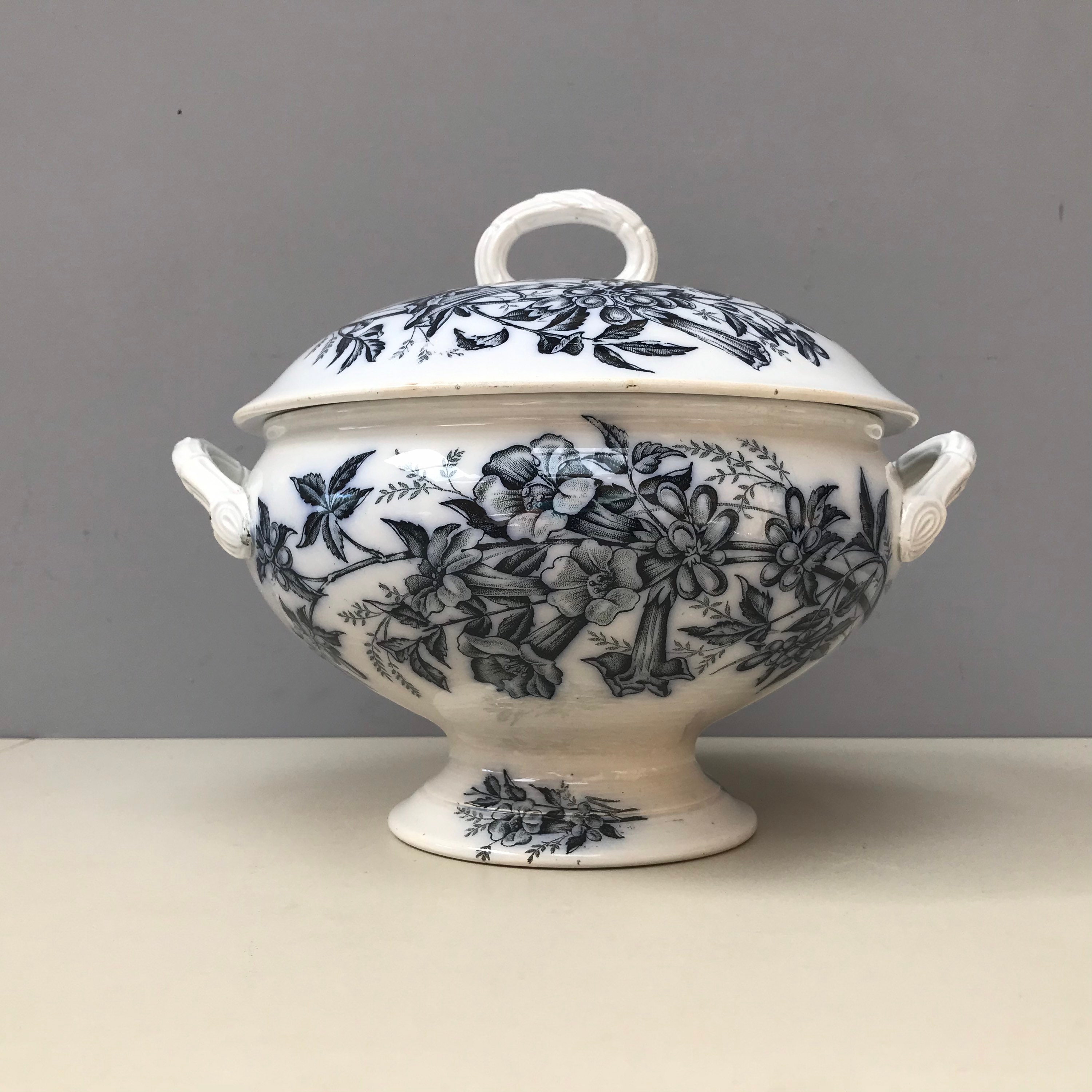 Antique Français Badonviller Jasmine de Virginie Noir Foncé Design Ironstone Serving Bowl Tureen Sou