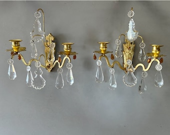 Matching pair of Vintage Italian Wall Lights Romantic Sconces - Ornate Gold Gilt Bronze and Crystal glass droplets pendologies tolware