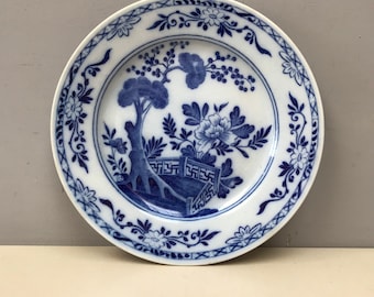 Sehr seltene antike Creil Montereau Blaue Orientalische Platte Vintage Französisch Japanisches Design Pfingstrosen Blumen