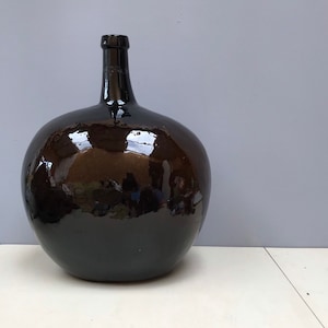 Beautiful Large Antique Primitive  French Hand Blown Rich Very Dark Brown Black Glass Demi John Bottle Dame Jeanne Carboy. Ovoid Kidney