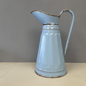 Rare! Large vintage French pastel blue Enamel Water Pitcher or Jug. Elegant Shape in light powder blue white and gold
