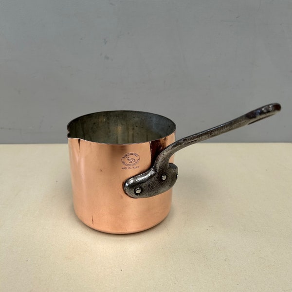 1.5mm thick 12cm Vintage Milk Pan French Les Cuivres De Faucogney - Haute Saone Made in France tin lined Copper pouring saucepan.