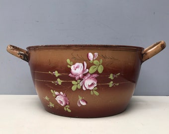 Large Gorgeous Shabby Vintage French Floral Enamelware Cooking Pot perfect for jardiniere planter classic roses on brown background chippy