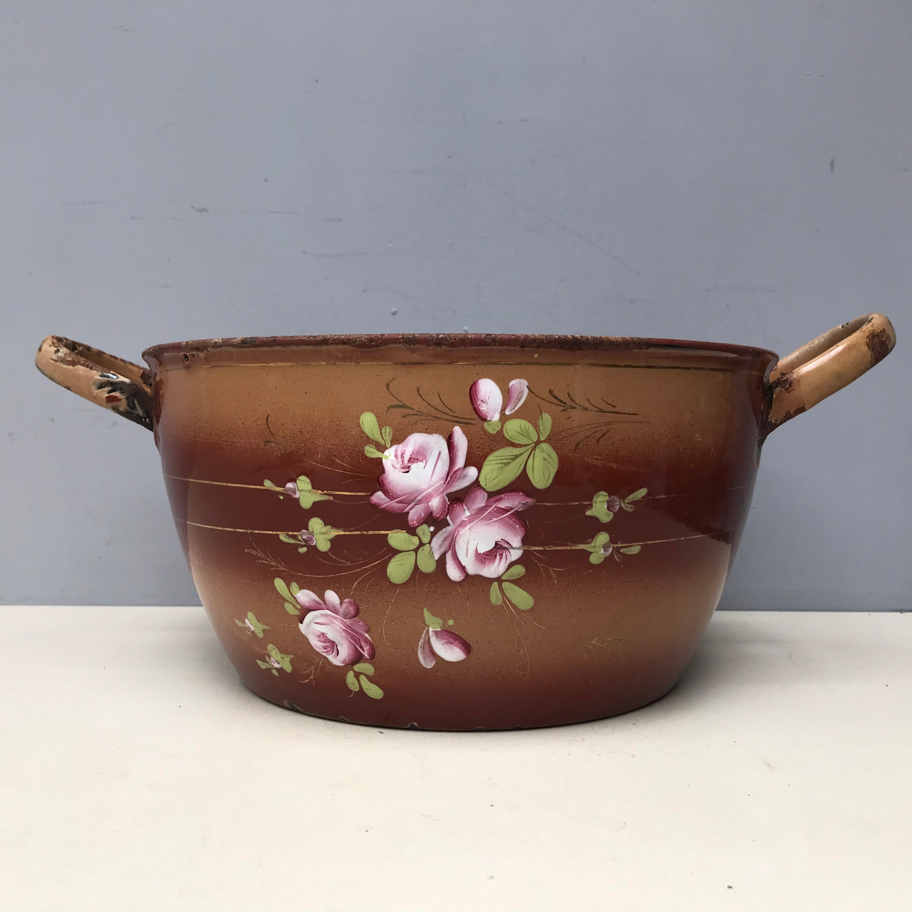 Large Gorgeous Shabby Vintage French Floral Enamelware Cooking Pot perfect for jardiniere planter classic roses on brown background chippy