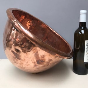 Giant 14” Ancient Cul de Poule French Copper round mixing bowl basin. Battered and shabby antique chateau kitchen decor