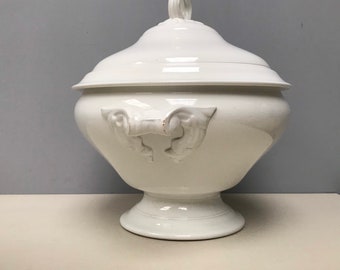 Grande Français antique Ironstone Tureen soupiere. Soupe Plat Jardiniere. Sarreguemines Digoin Porcelaine Ivoire Antique si élégante