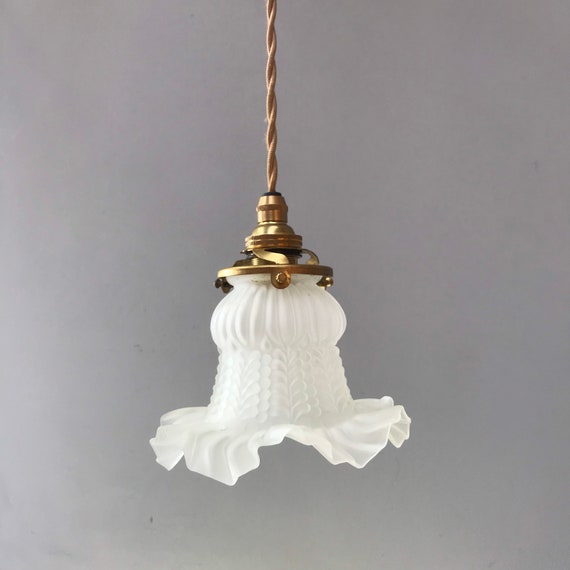 Vintage French Tulip Glass Lampshade Frilly Opaque Frosted Vintage French Tulip Glass Lampshade, Antique French Glass Lamp Shades