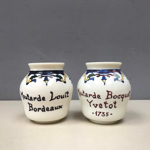 Price for Two! A pair of Vintage French Dijon Mustard Pots Blue White Milkglass milk glass Moutarde Bocquet Yvetot Louit Bordeaux