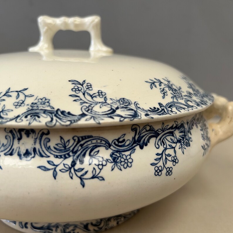 Ancien bol de service en pierre de fer bleu foncé, Français, soupière à soupe, plat à couvercle transfert, motif floral botanique minable image 5