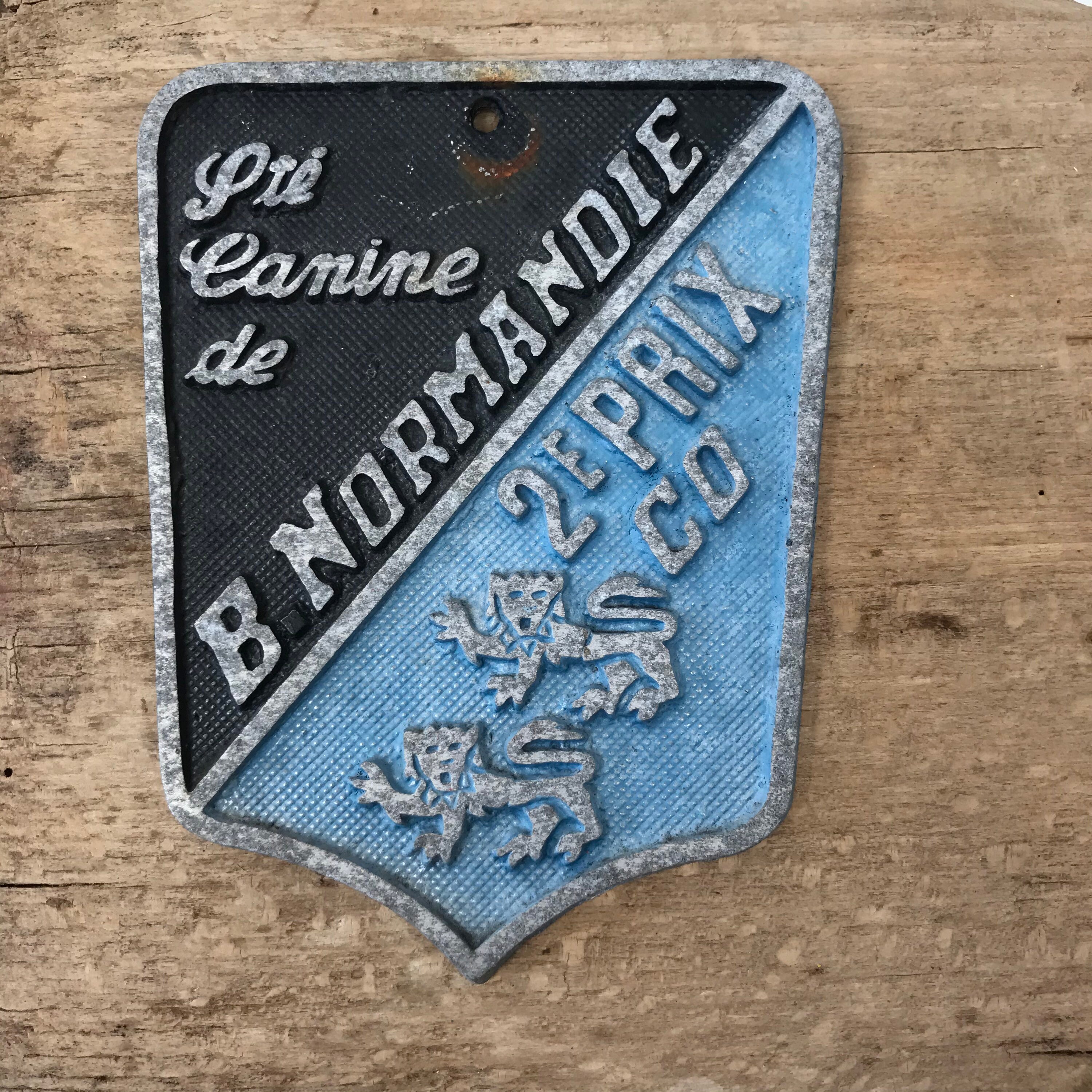 Vintage Français Plaque Metal Award Sté Canine de Basse Normandie 2Ème Place Dog Blue