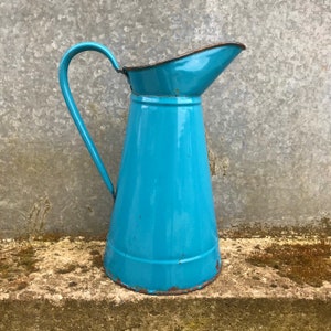 Vintage French Large Enamel Water Pitcher. Shabby Chic & Chippy Enamelware Vase in Rare Deep Blue Green