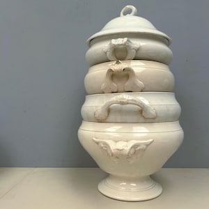 Collection of 4 Large Antique French Ironstone Tureens Nesting soupieres Soup Dish Stack Sarreguemines, St Amand, Choisy Le Roi, Luneville