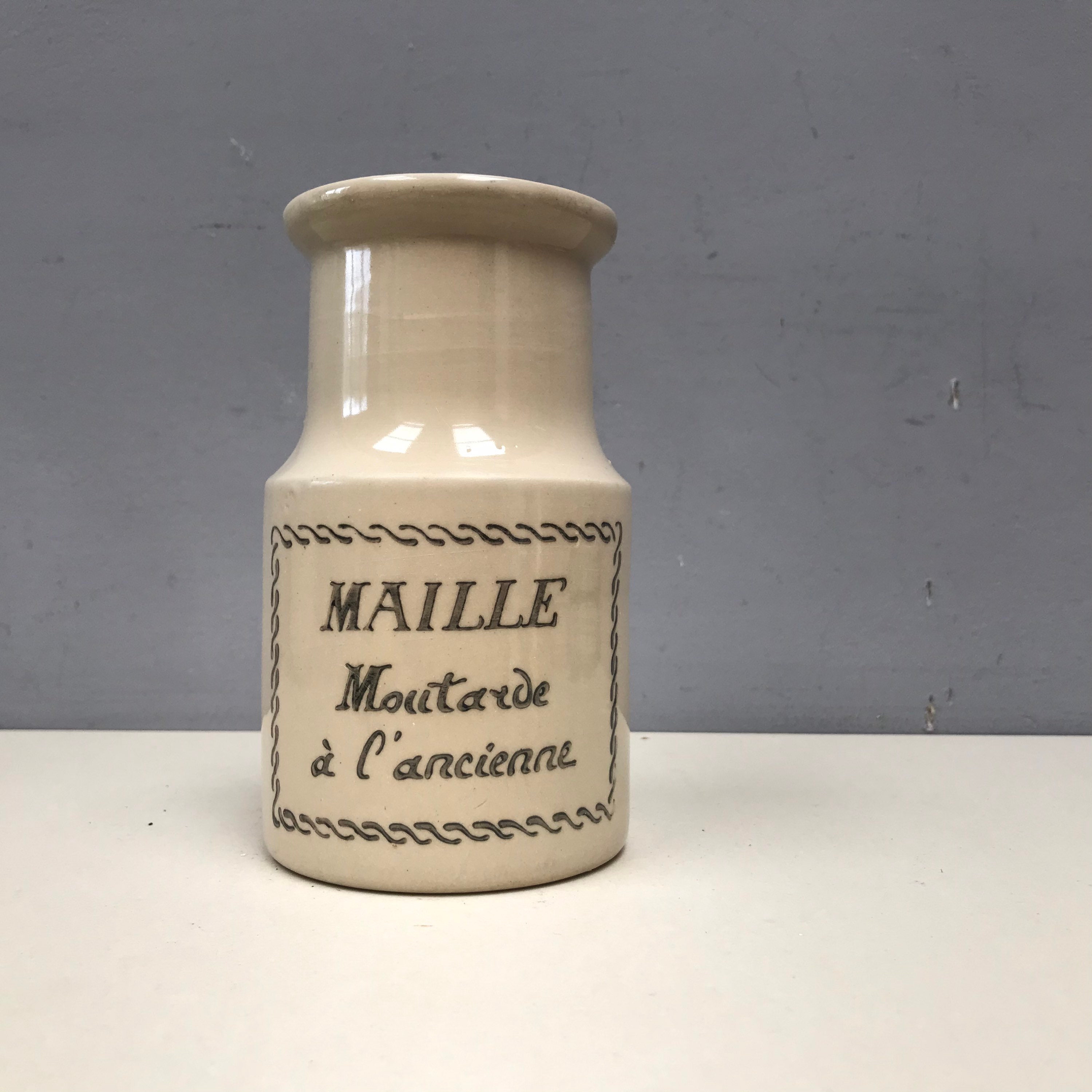 Cute French Maille Moutarde a Lancienne Dijon Mustard Pot. Grey Stone Beige  Ceramic With Muted Grey Black Writing 