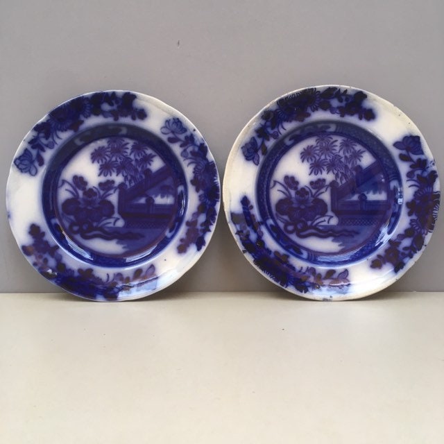 Paire de Samuel Alcock Oriental Large Antique English Flow Blue Plates Excellent État Années 1800