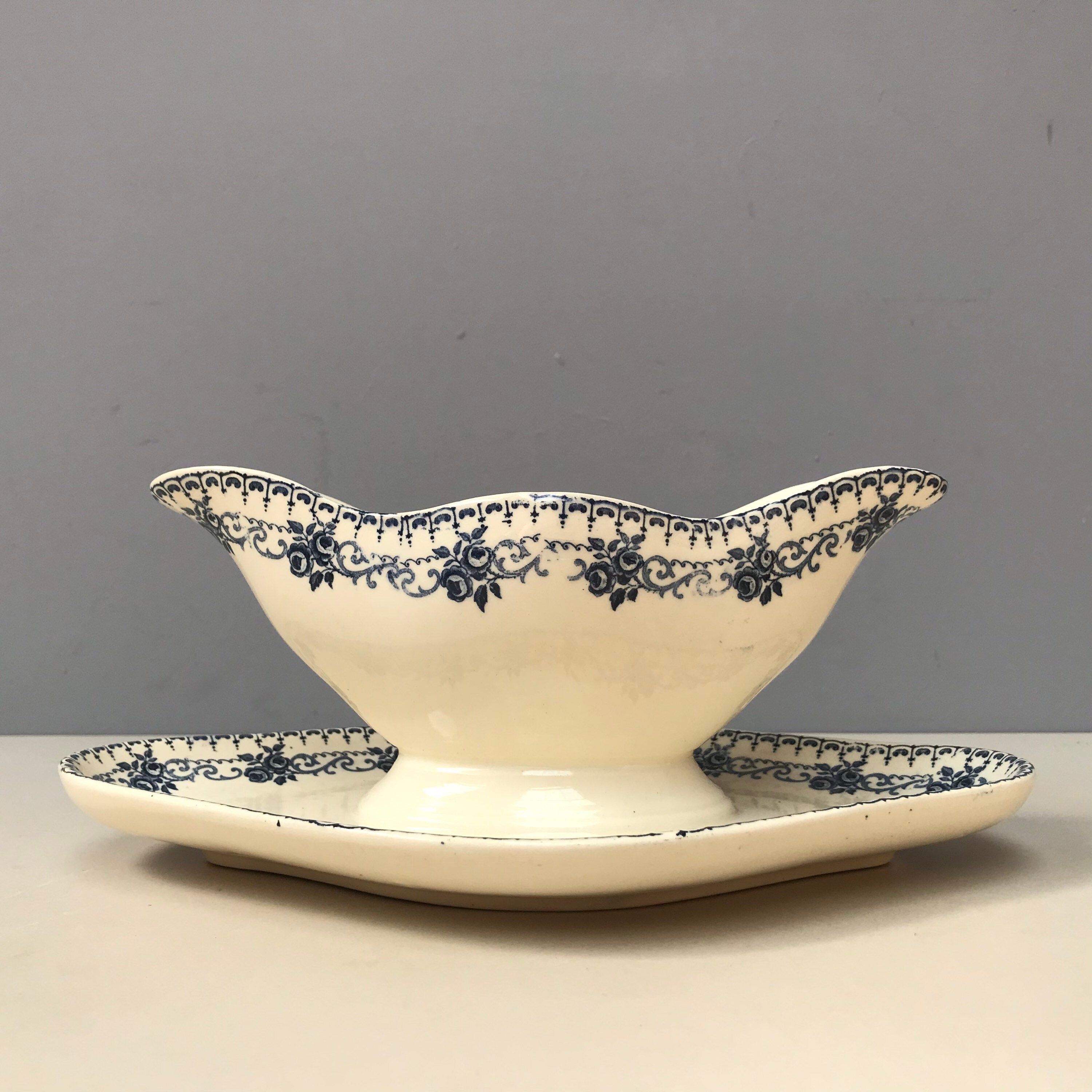 Grand Antique Boulanger Parmentier Français Indigo Ironstone Transferware Sauce Bol de Vaisselle Bea