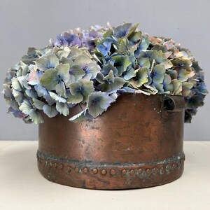 Könnte beinhalten: Ein Kupfertopf gefüllt mit blauen, grünen und lila Hortensien. Der gealterte Kupfertopf hat einen genieteten Boden und zwei kleine Griffe. Die Blüten stehen in voller Blüte und bilden eine üppige, strukturierte Darstellung. Die Anordnung befindet sich vor einem neutralen Hintergrund.
